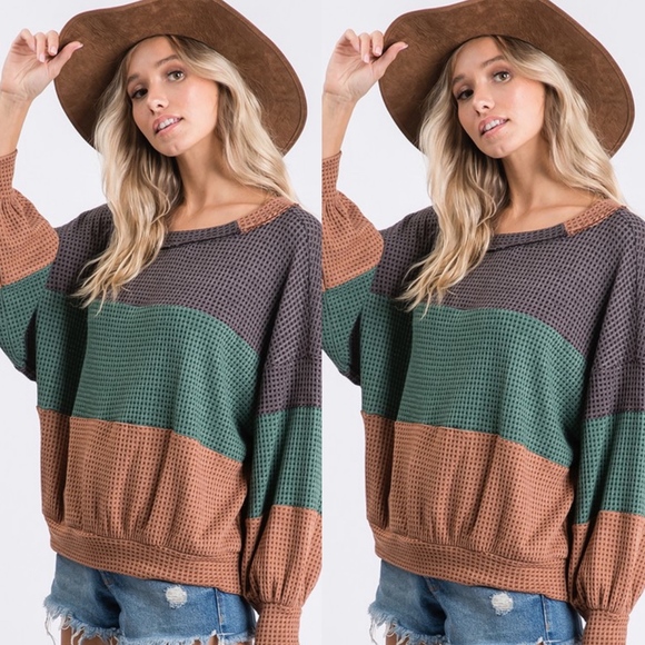 Fall Color Block Waffle Top Slouchy Dolman Top - Picture 4 of 4